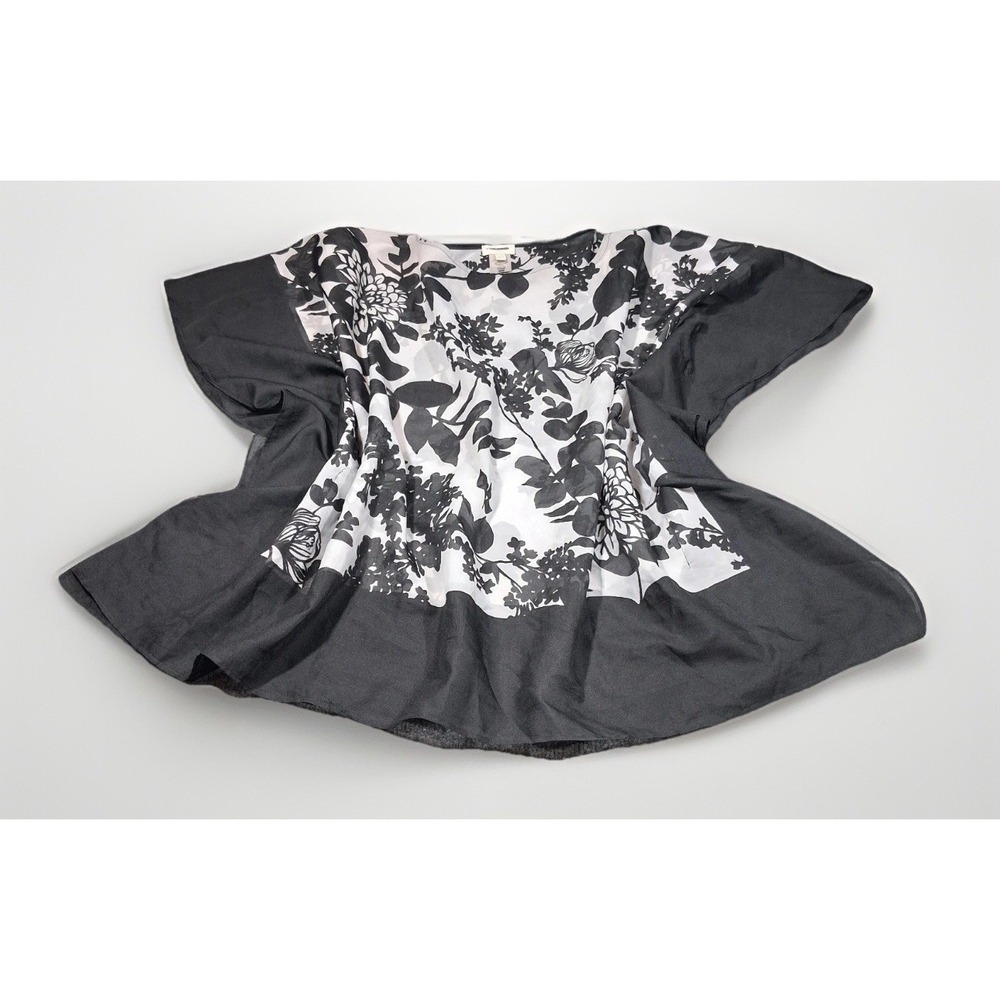 Talbots Black White Floral Poncho Top Kimono Sleeve Boat‎ Neck L/XL Oversized